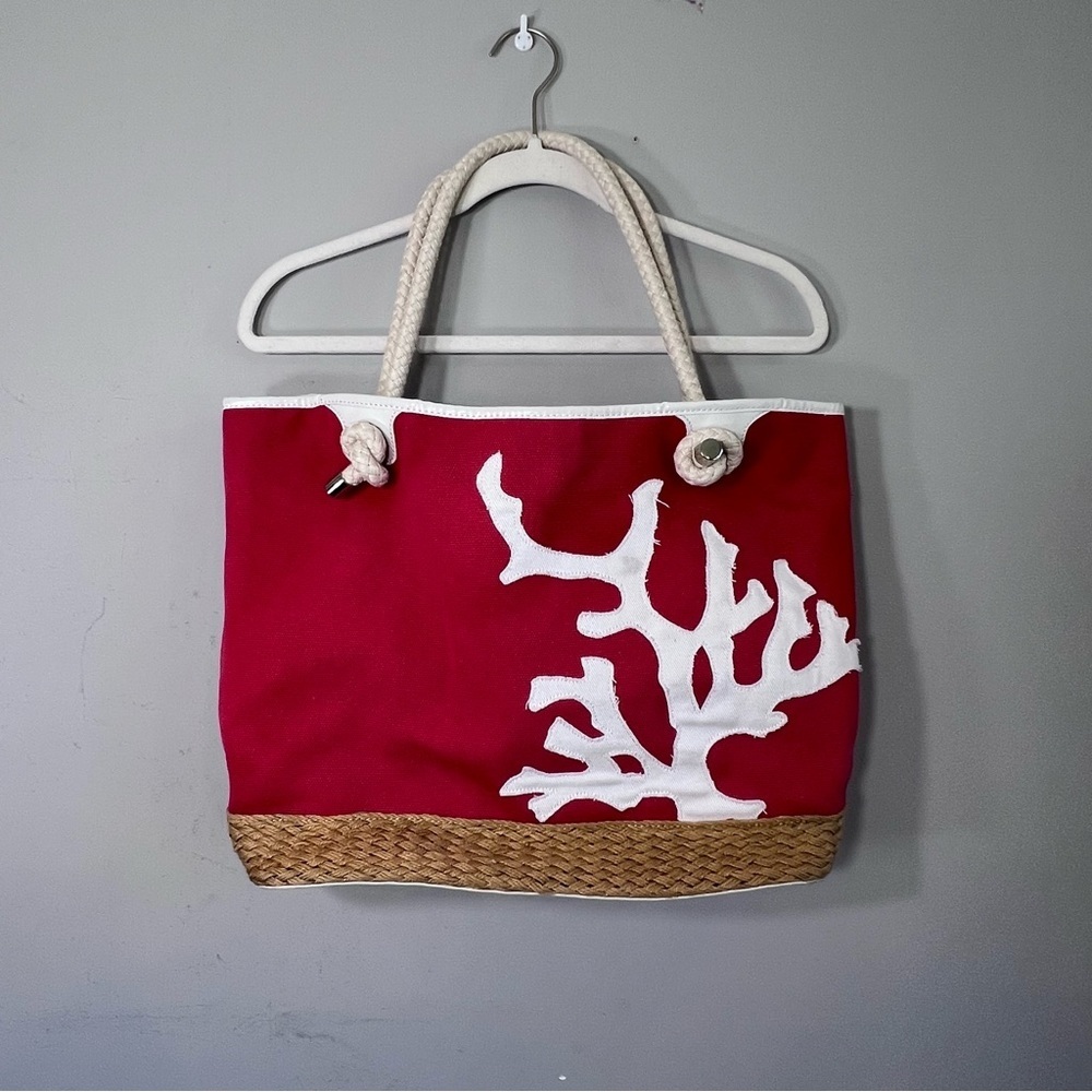 Talbots red white rope handle beach bag tote